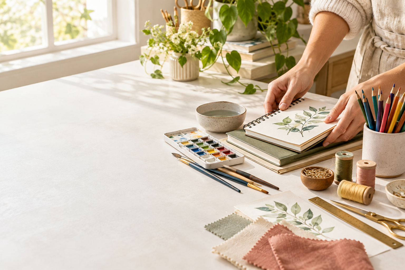 Art and craft supplies on a bright studio table